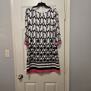 Eliza J Navy, White & Pink Geometric Midi Dress